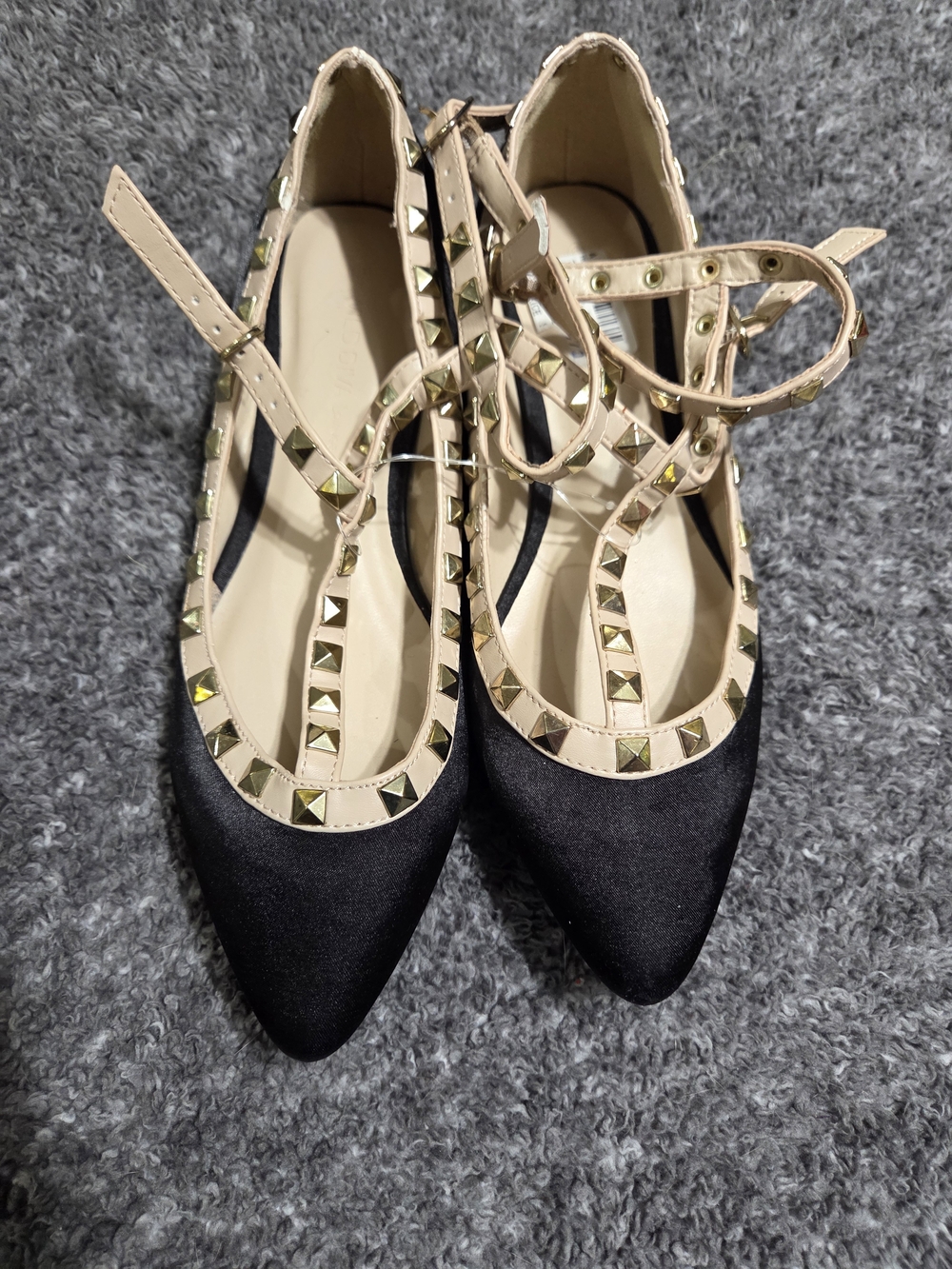 Very Volatile Black and Nude Pointed-Toe Studded Ankle-Strap Flats